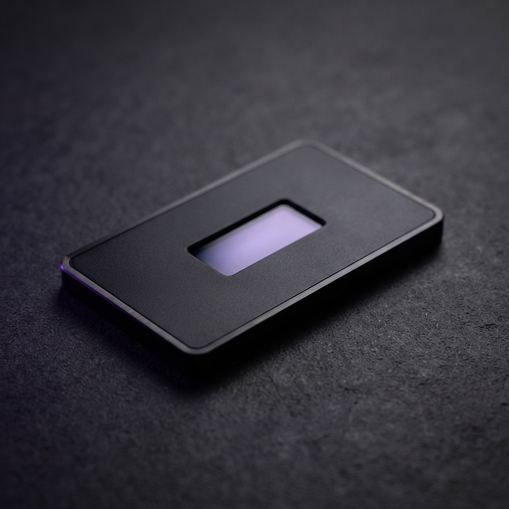 Flat black rectangular device with a glowing lavender inset, photographed diagonally on a dark textured surface.